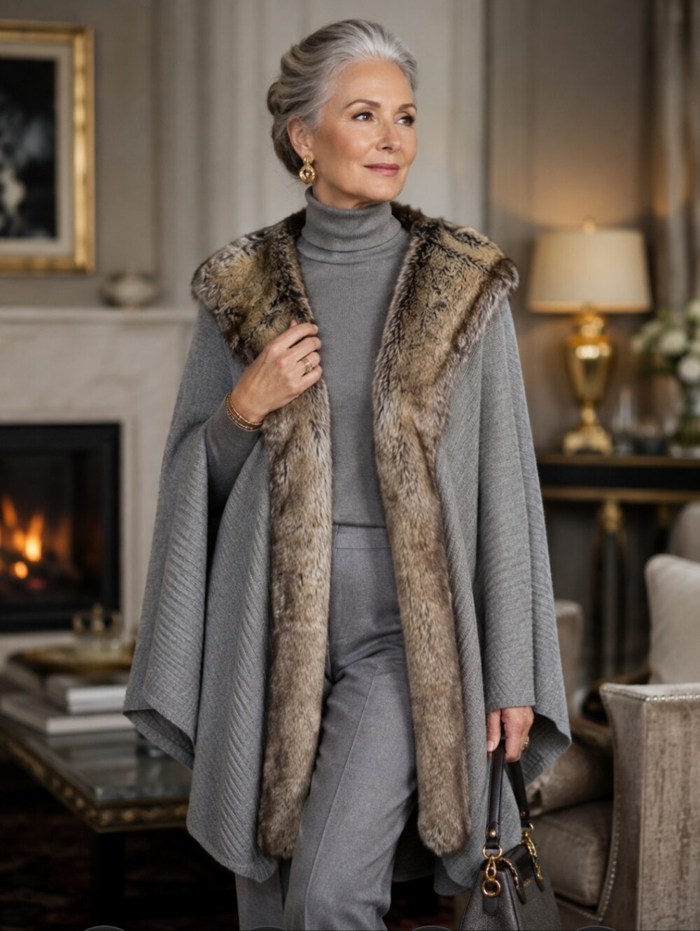 Nordstrom Gray Knit Long Warm Ruana Cape with Faux Fur Trim Lambswool OS
